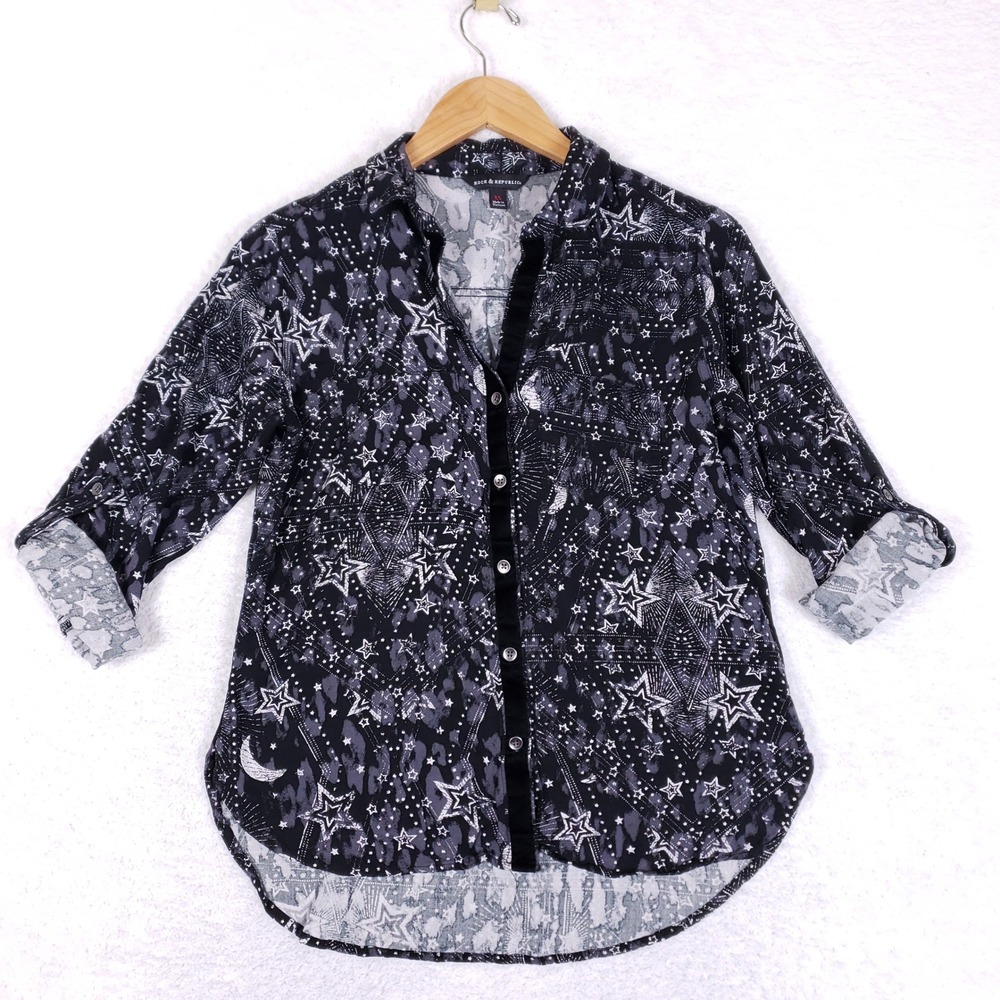 Rock & Republic Celestial Star‎ Moon Shirt Women XS Black Button Up Whimsigoth